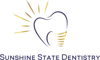 Logo for Sunshine State Dentistry featuring a stylized tooth with golden rays and lines, accompanied by the text "Sunshine State Dentistry" below.