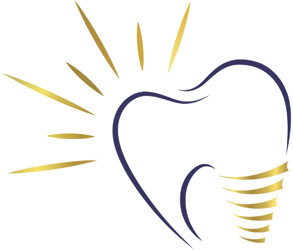 Abstract illustration of a tooth outlined in blue with gold rays and curved gold lines, suggesting brightness and dental care.
