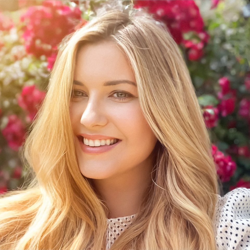 Healthy hair, glowing skin, natural beauty and a bright, happy smile. Blonde woman outdoors in English garden, soft curls, skincare and natural lifestyle beauty